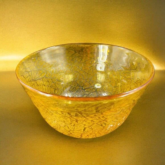 Studio Art Glass Large Bowl Dish Yellow Lava Texture HandBlown Glass Centerpiece
